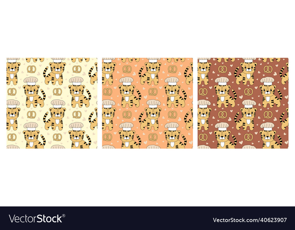 Tiger chef with a hat seamless pattern pretzel