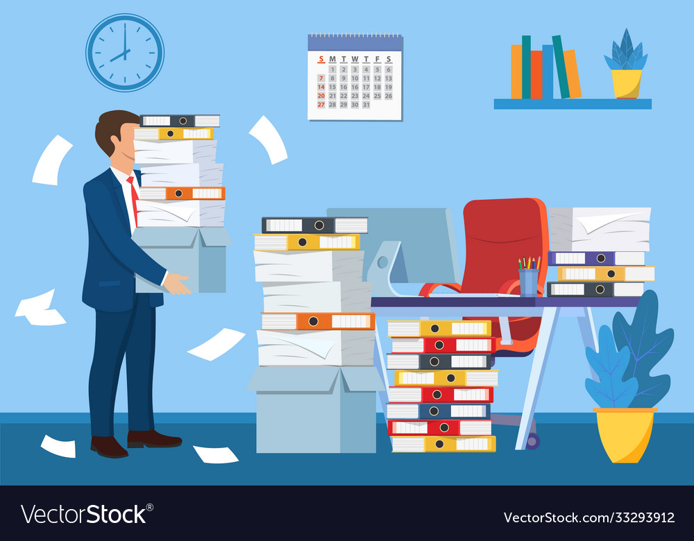 Stressed businessman under pile papers Royalty Free Vector