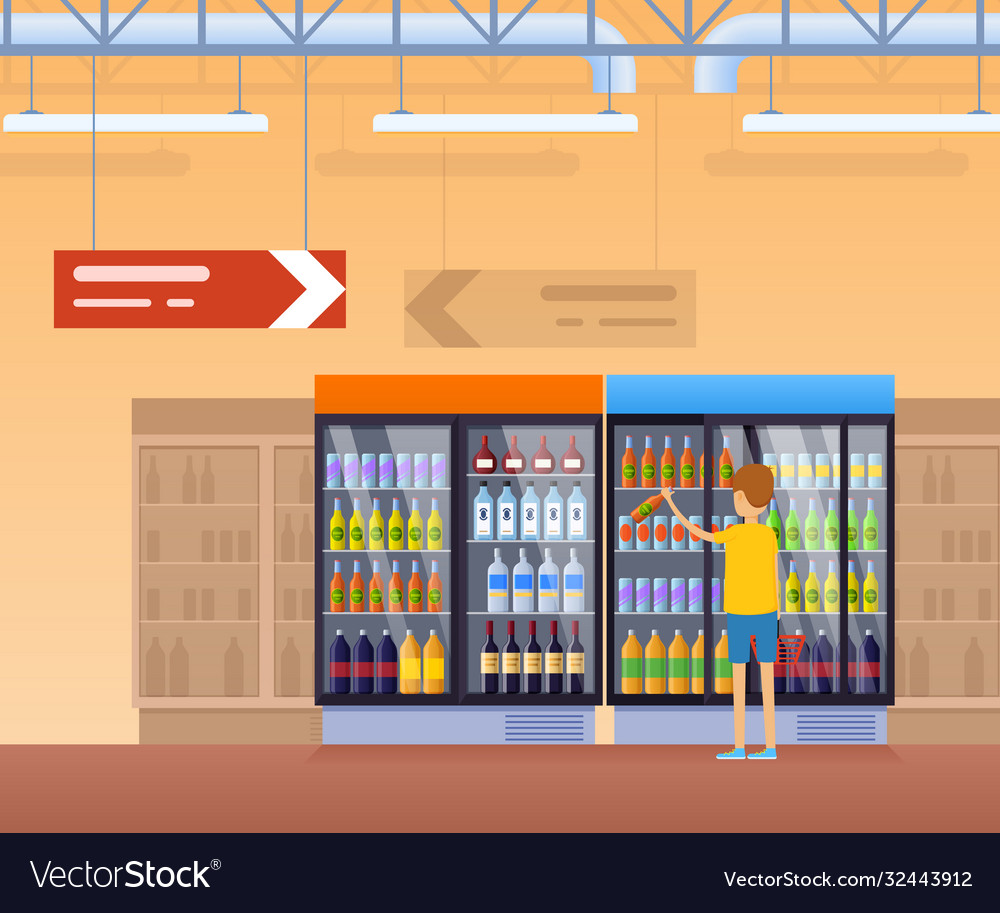 Supermarket shelves fridge with drinks boy get