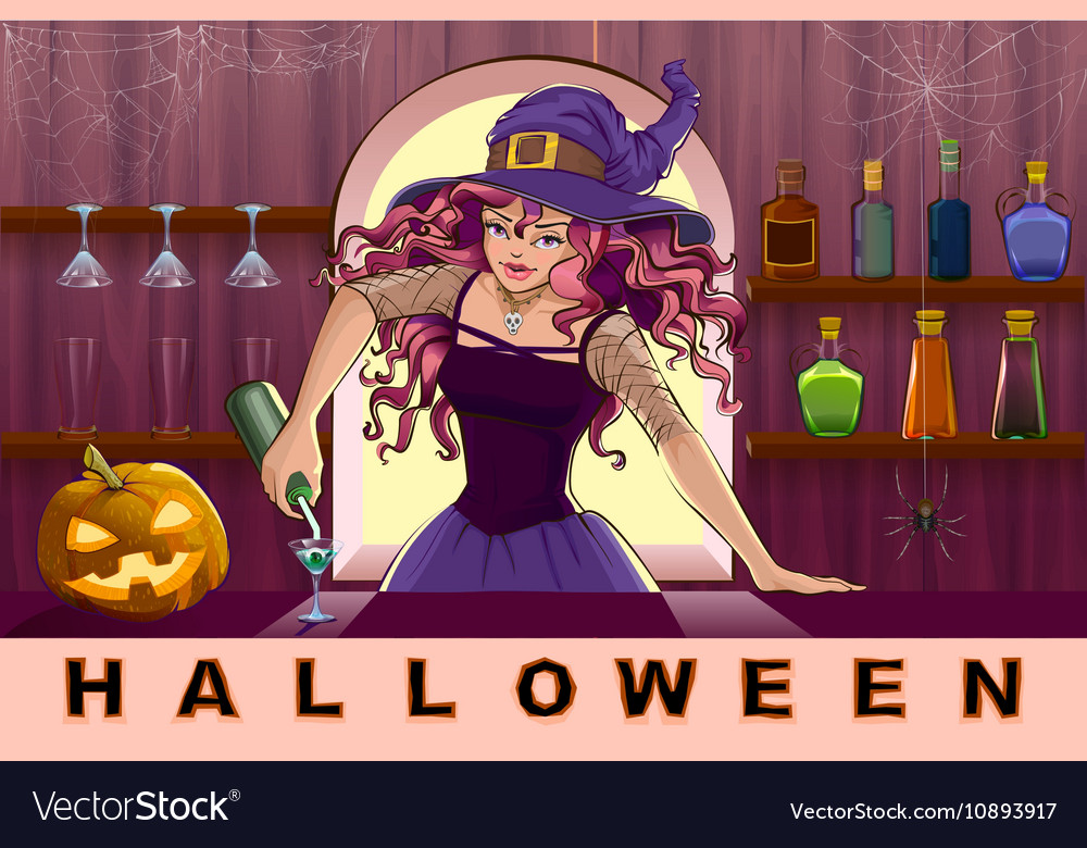 Beautiful pretty witch girl pours cocktails