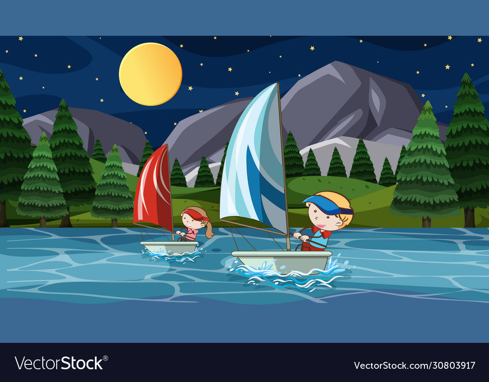 Scene with people sailing at night