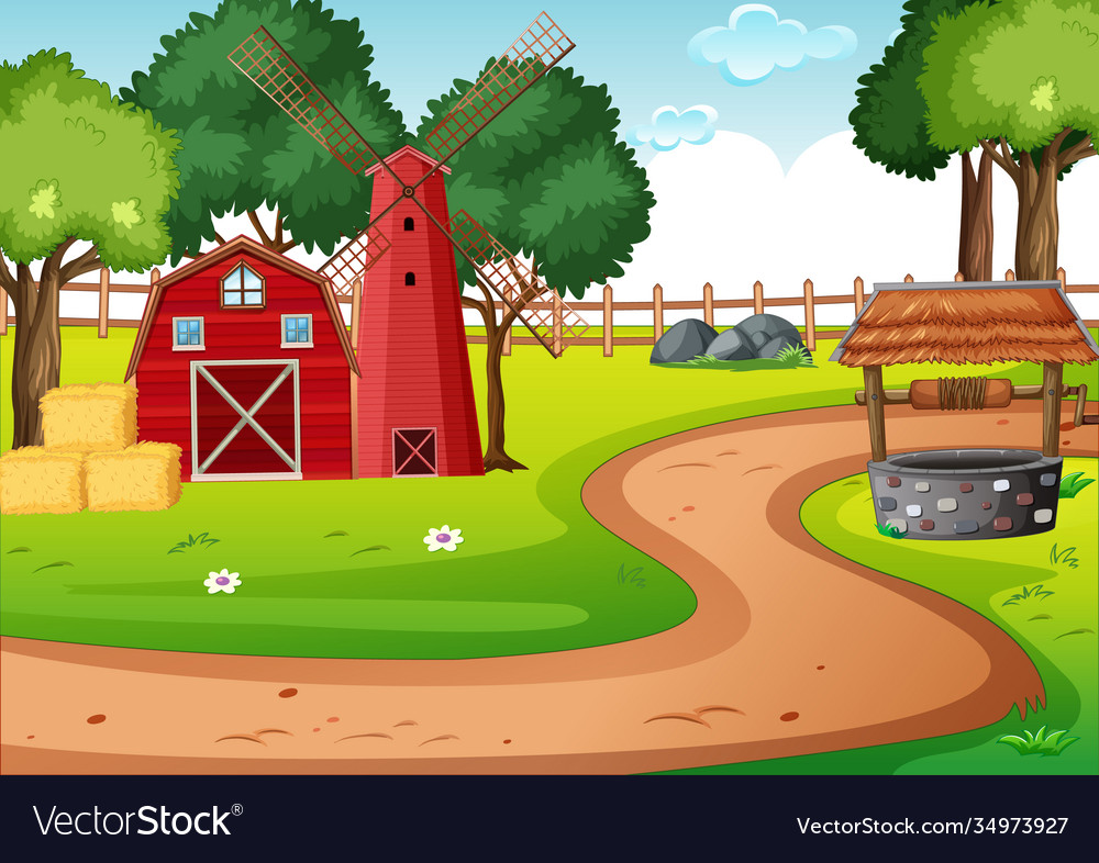 Barn and widmill in farm scene Royalty Free Vector Image