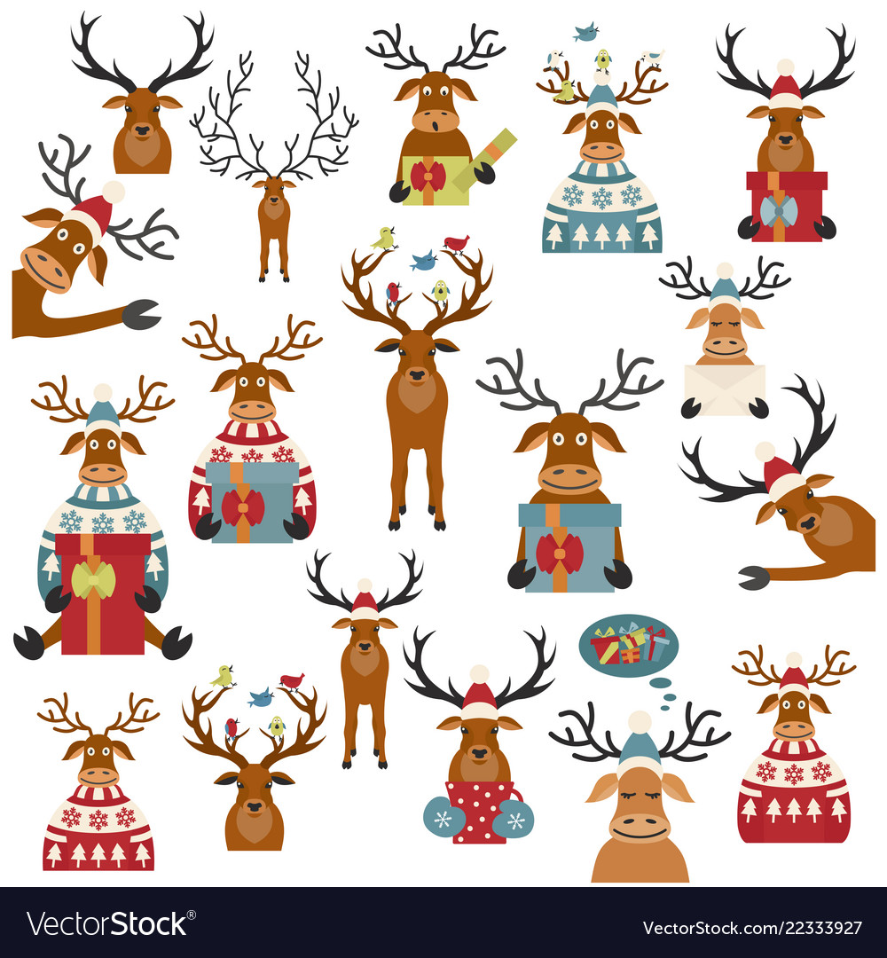 Cute reindeer sticker icon set elements Royalty Free Vector