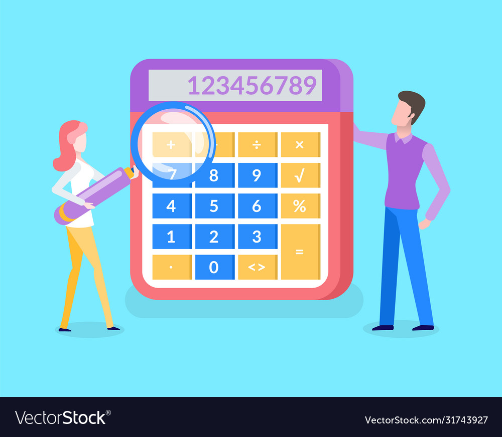 Man near calculator woman holding loupe Royalty Free Vector