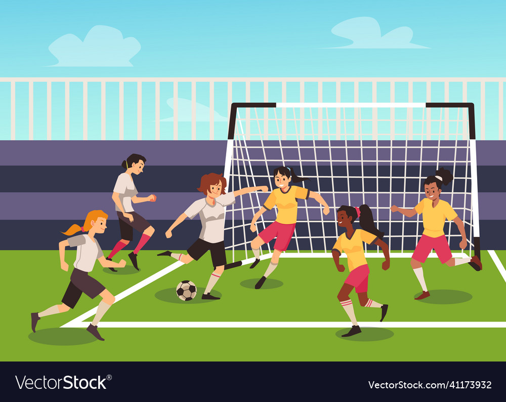 Stadium with women football or soccer teams flat Vector Image