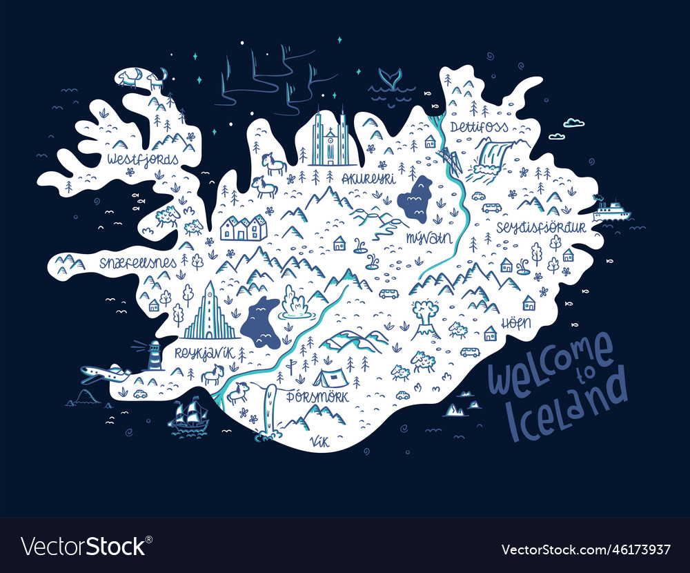 Hand Drawn Map Of Iceland Travel With Icelandic Vector Image