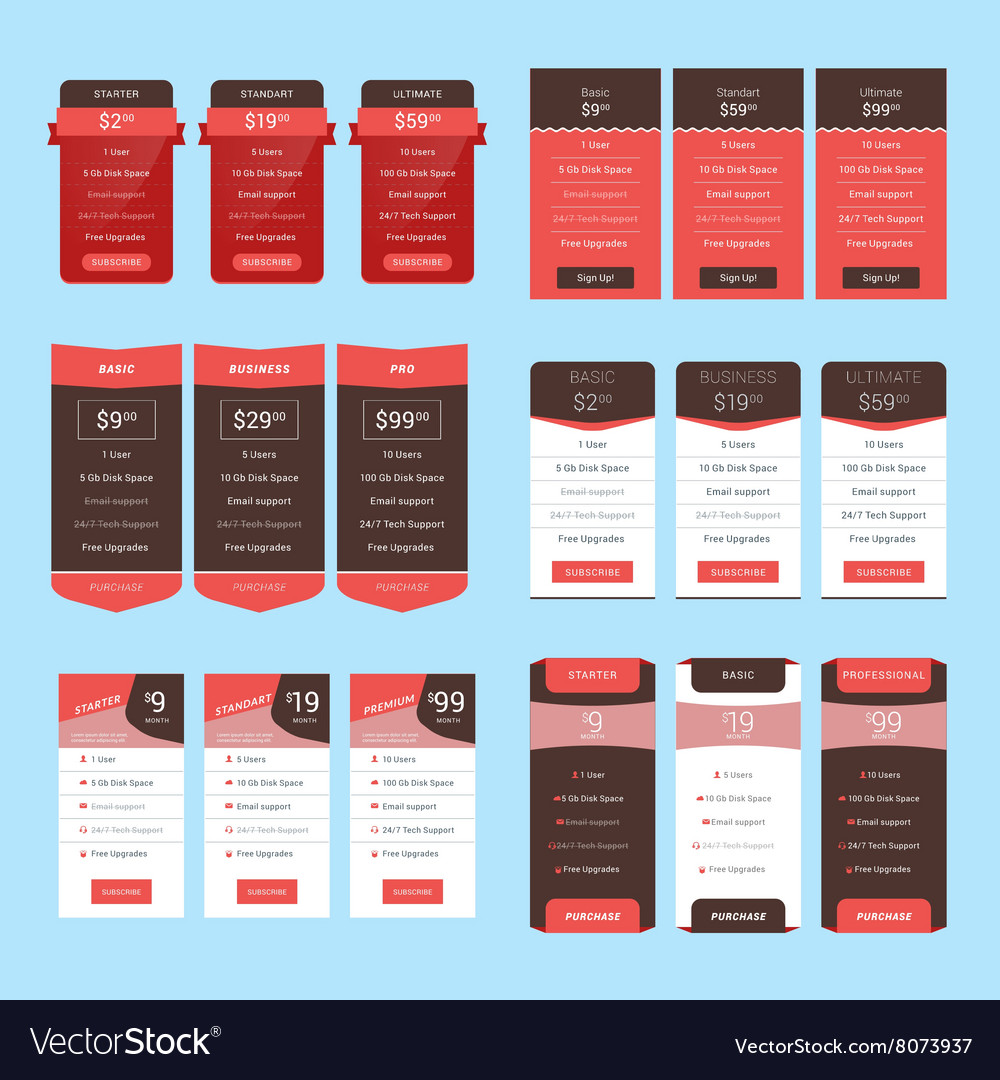 set of pricing table design templates for websites pricing table templates
