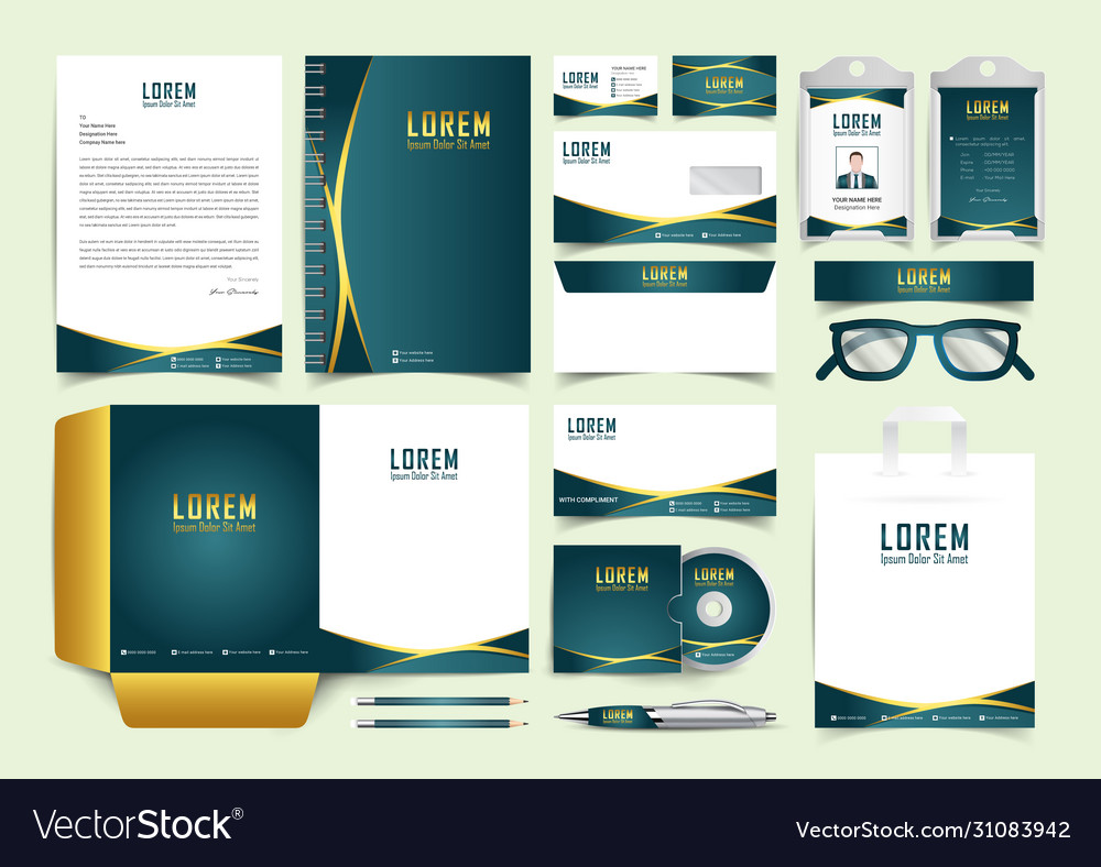 Gold and green stationery brand identity template