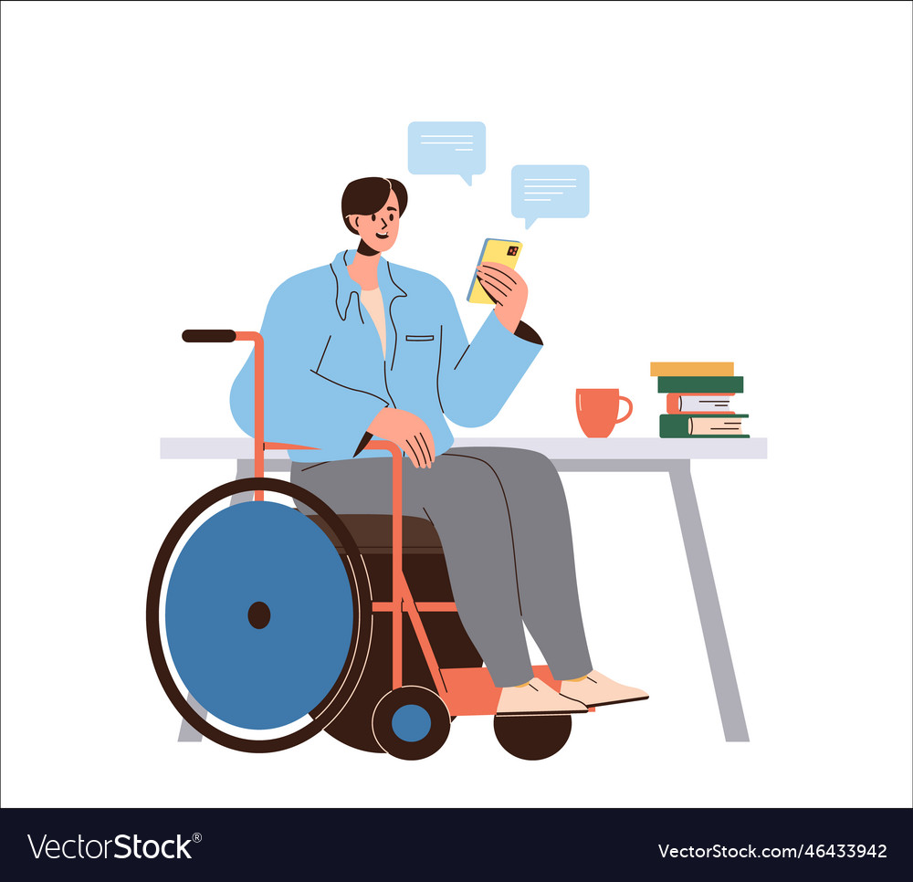 Young man character sitting in wheelchair using