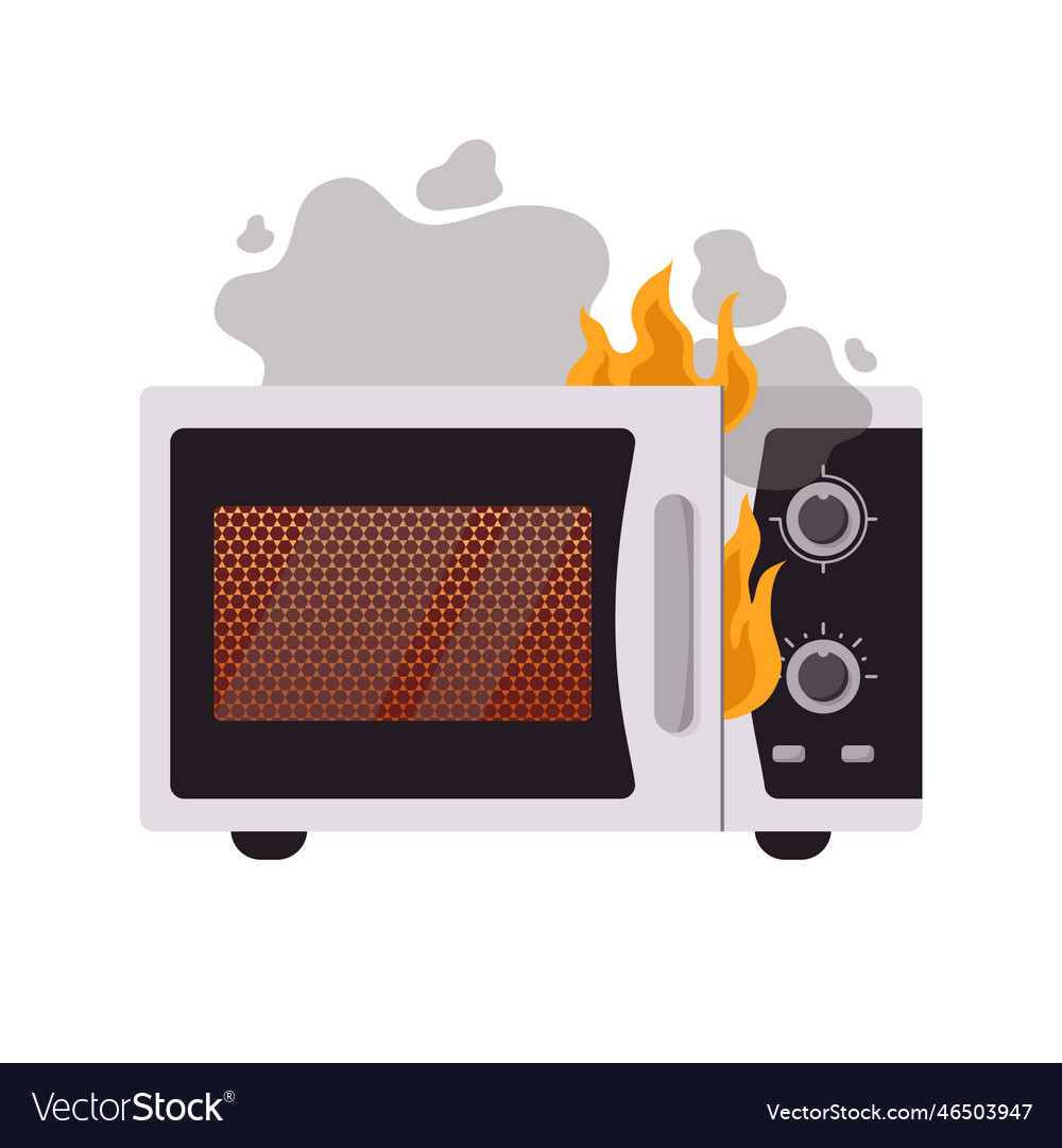 Broken microwave oven with fire and smoke flat Vector Image