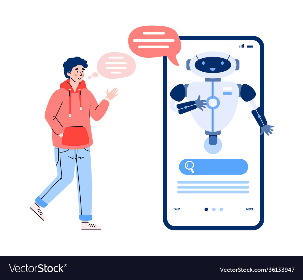 Man communicates with chatbot via phone cartoon