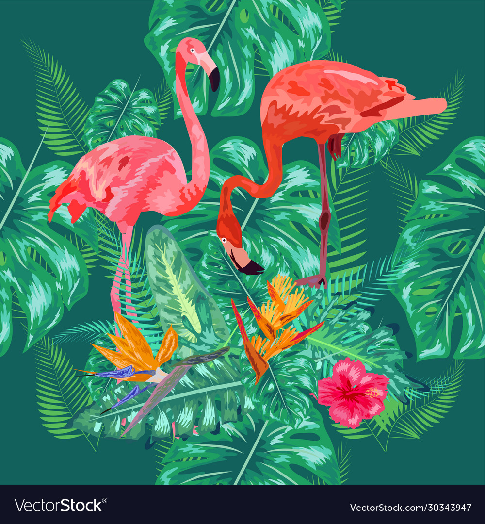 Seamless pattern trendy bird pink flamingos