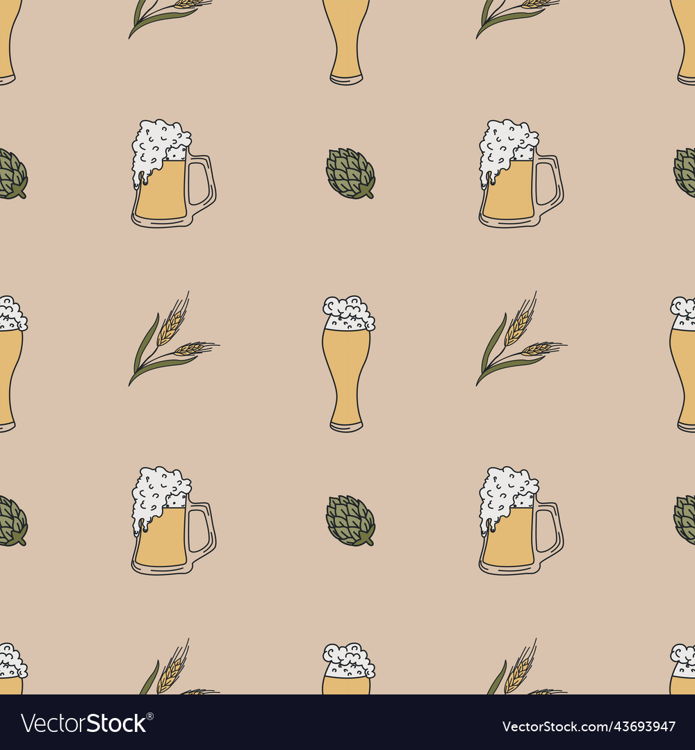 Seamless pattern with beer mugs and spikelets