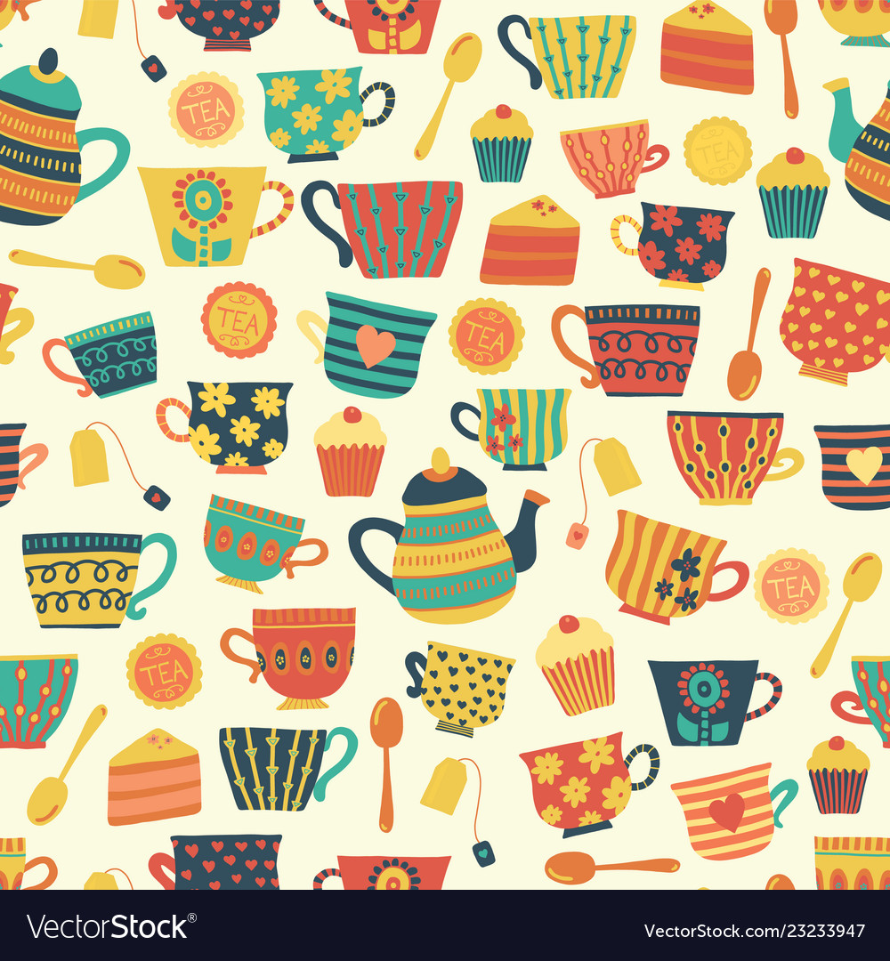 Tea Time Seamless Pattern Background Beige Vector Image 0251