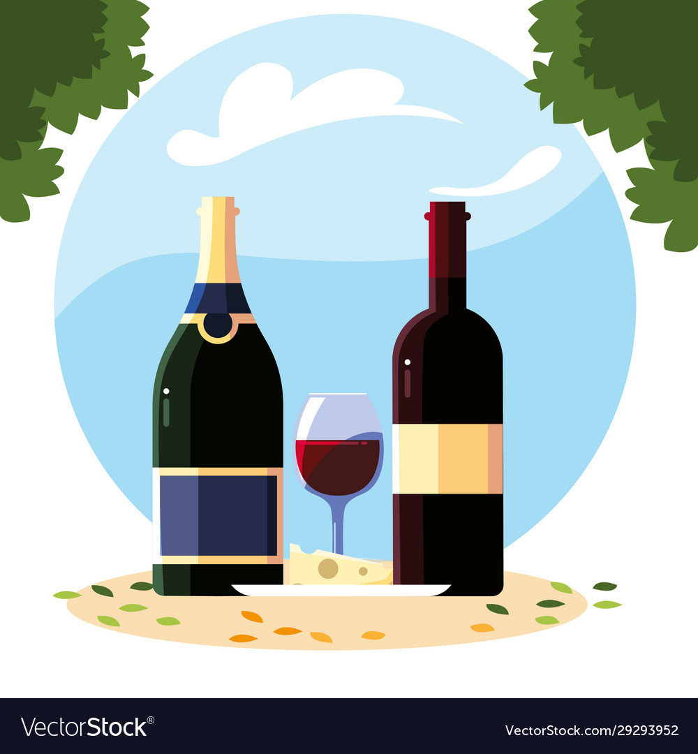 Bottle and glass wine with background landscape Vector Image