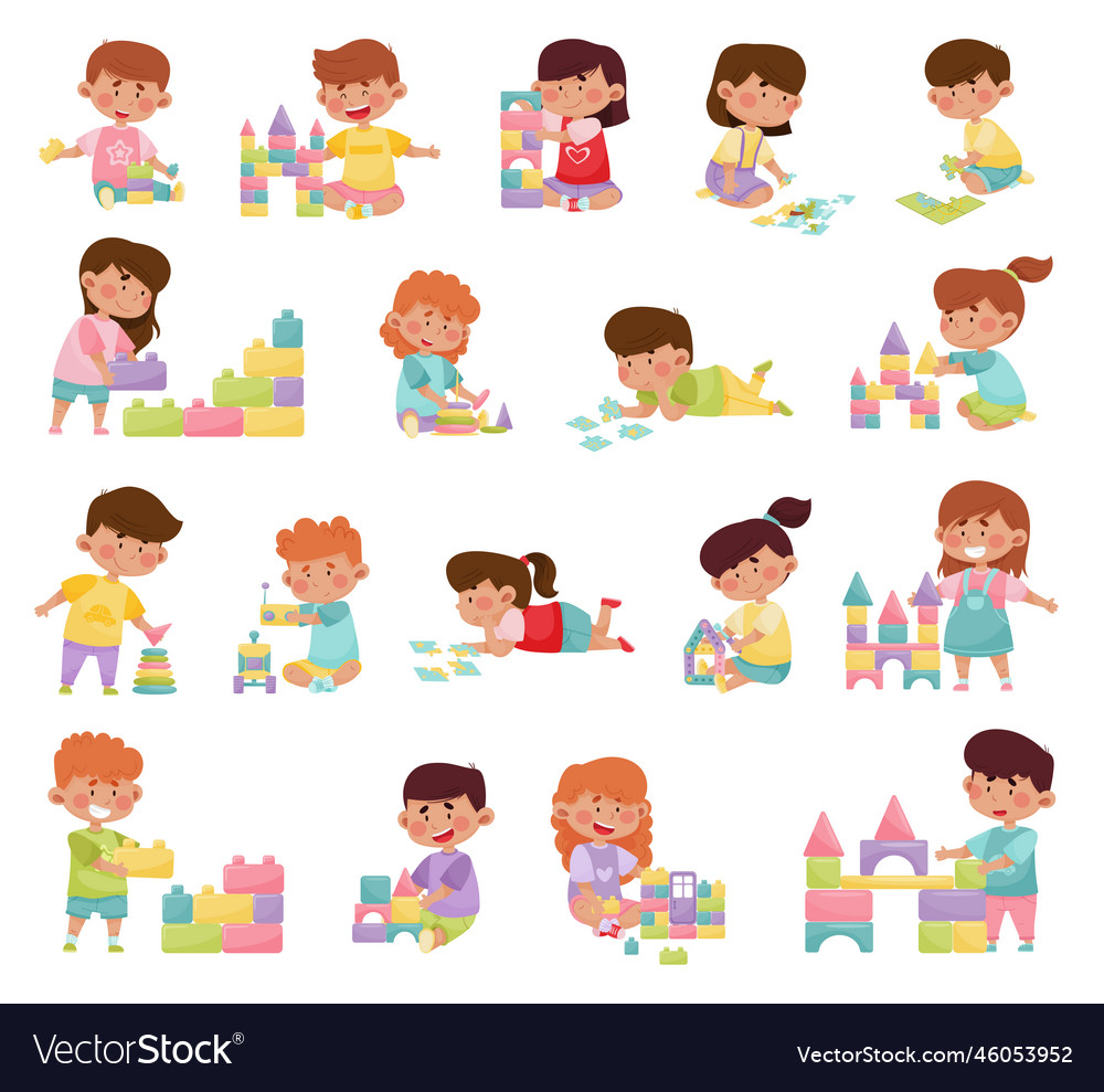 Children playing toy blocks and jigsaw puzzle Vector Image