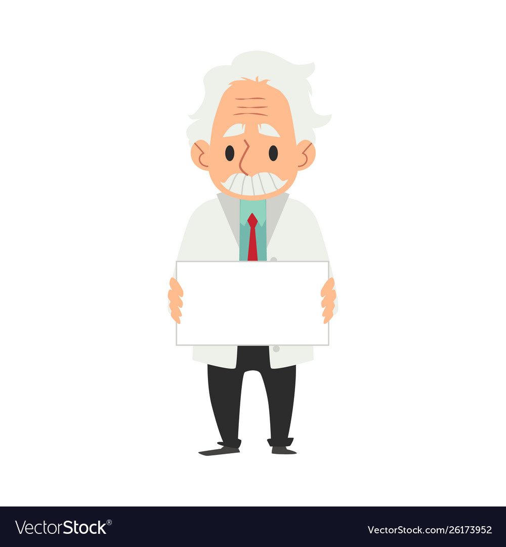 Old male scientist in white coat stands holding