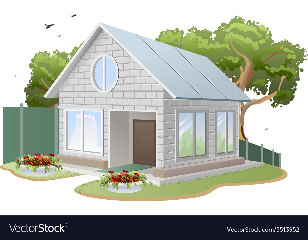 White Brick House Country Cottage Tree Flower Vector Image