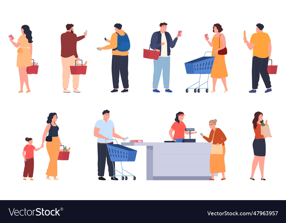 People in grocery store with baskets and carts Vector Image