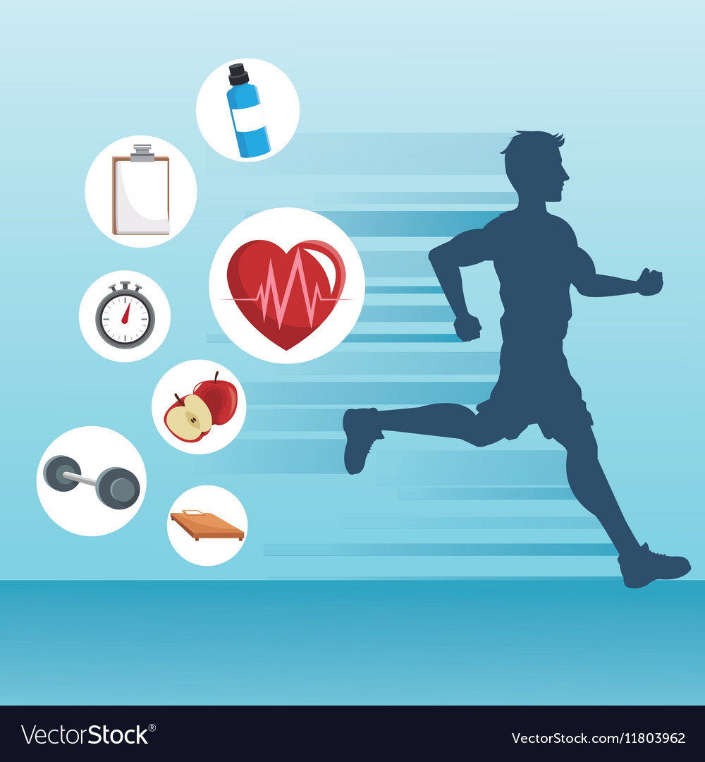 Man running and icon set of healthy lifestyle Vector Image