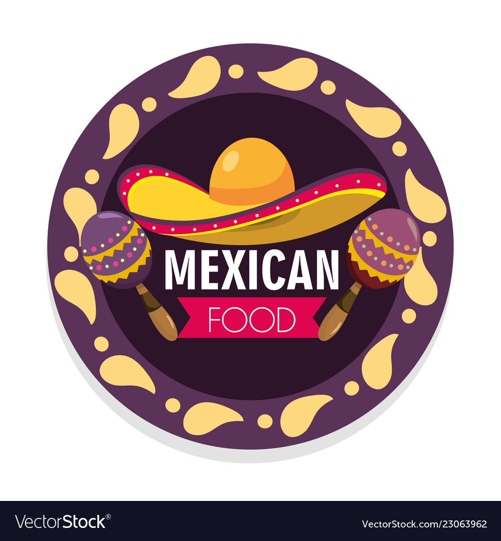 Mexican food emblem with hat and maracas