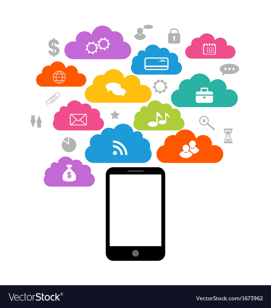Smart device with cloud of application icons Vector Image