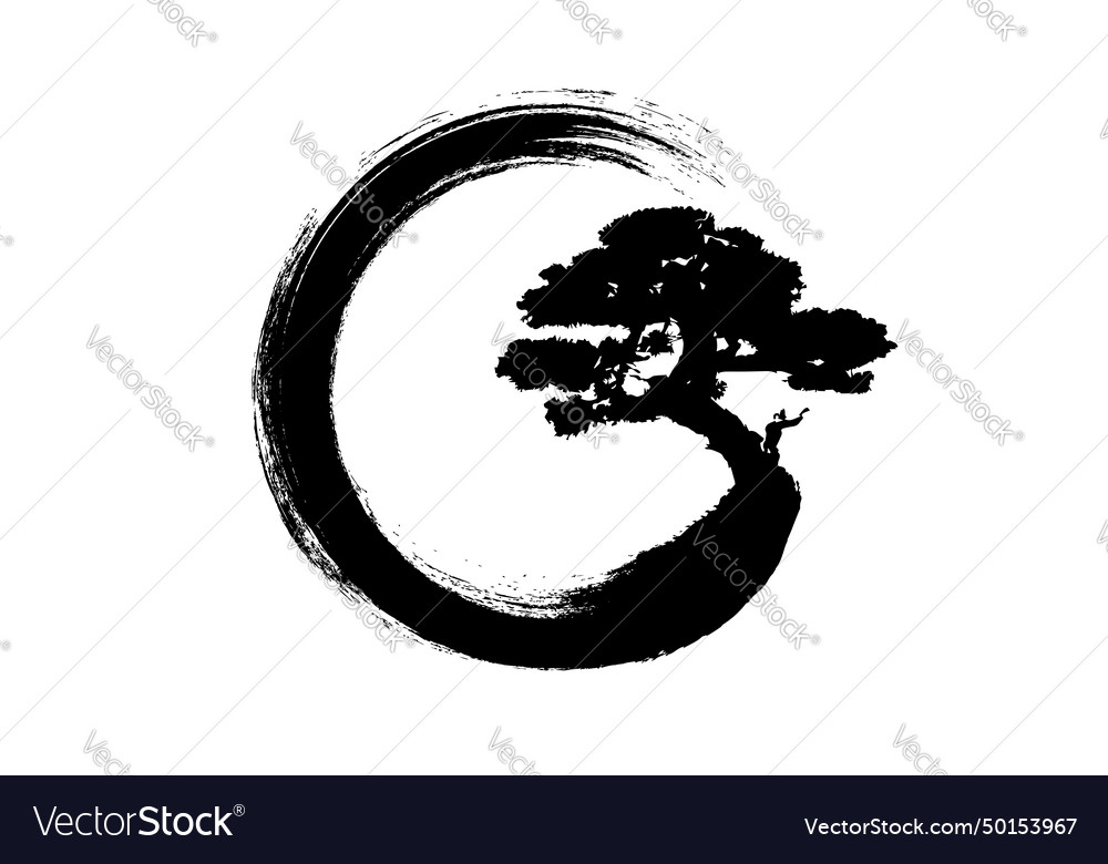 Enso zen circle and bonsai tree hand-drawn logo Vector Image