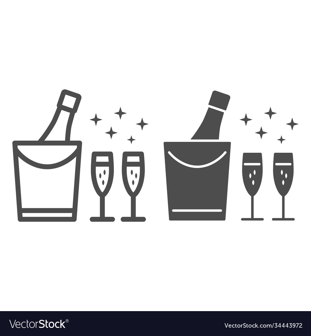 Champagne in ice bucket line and solid icon sea