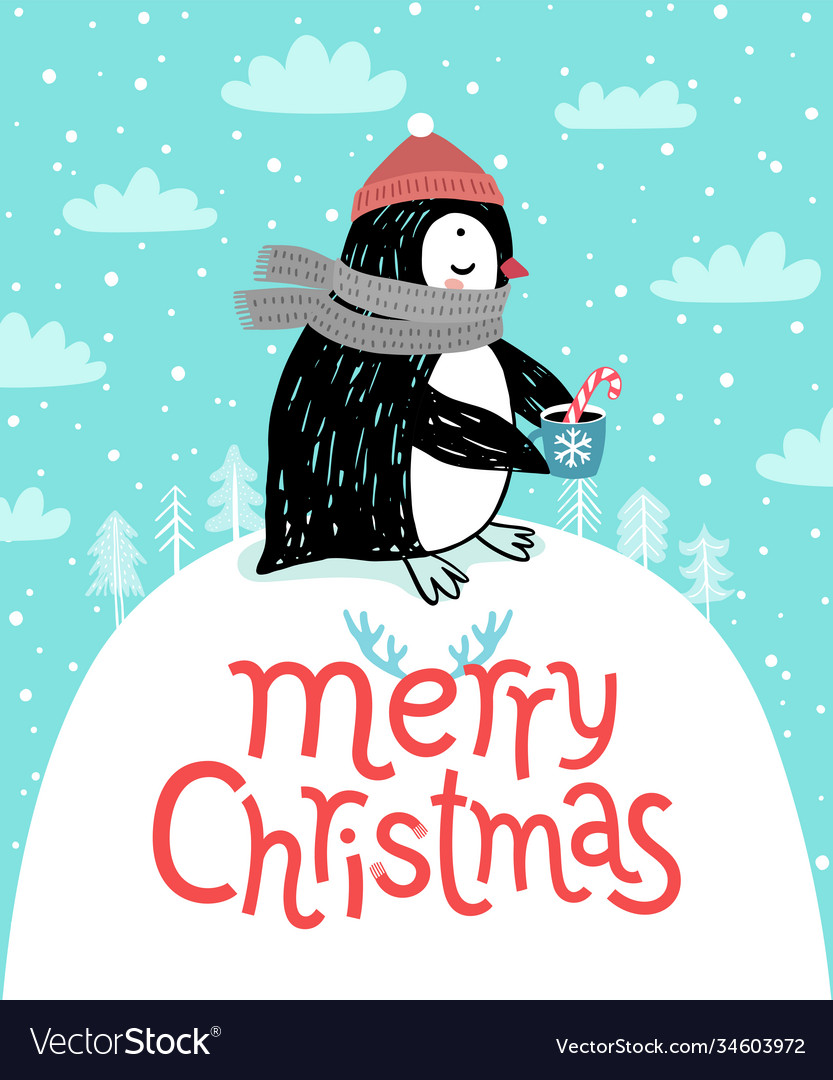 Cute penguin drinking tea merry christmas card Vector Image