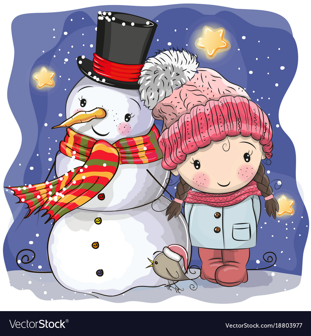 Snowman and cute cartoon girl Royalty Free Vector Image