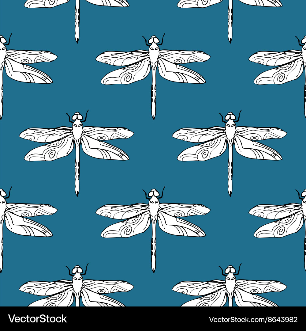 Dragonfly seamless pattern hand drawn Royalty Free Vector