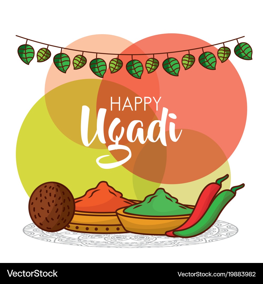 Happy ugadi greeting card with decorative spices Vector Image