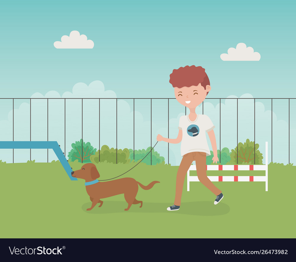 Young Man With Cute Little Dog Mascot In Field Vector Image