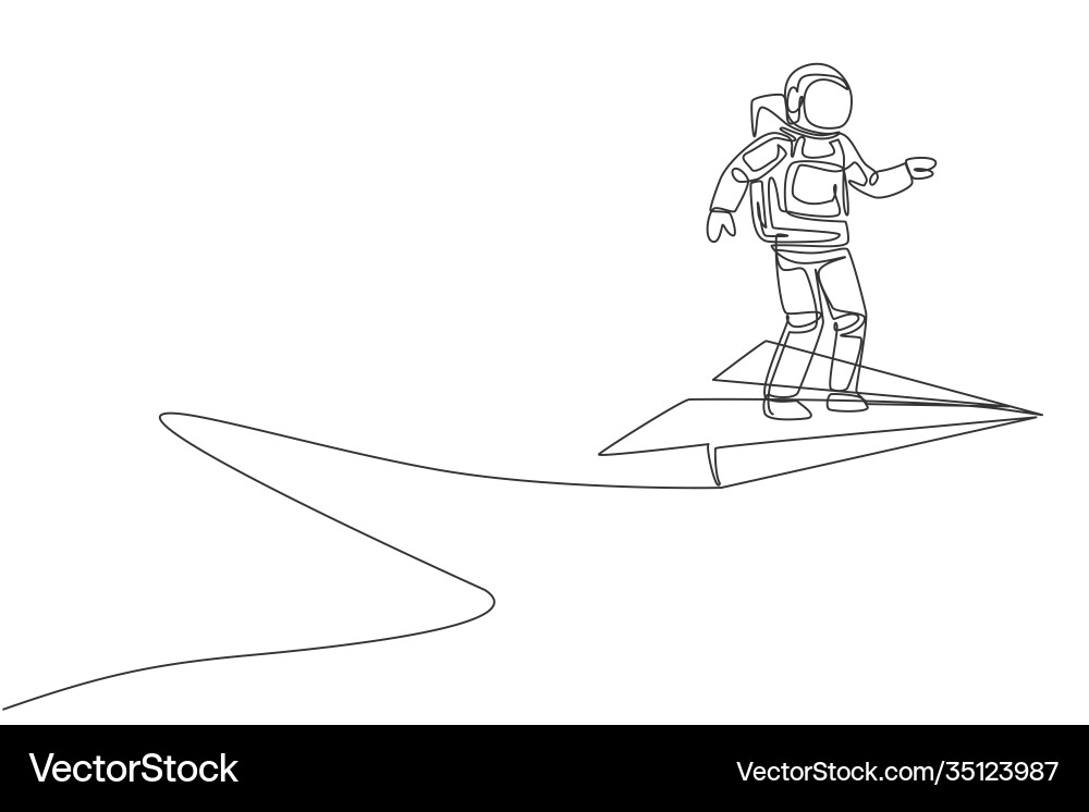 Single continuous line drawing young astronaut Vector Image
