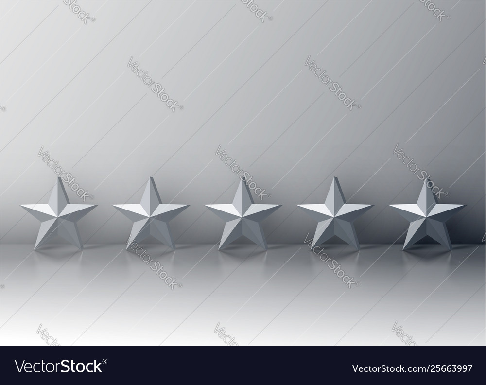 Five grey 3d star rating on background