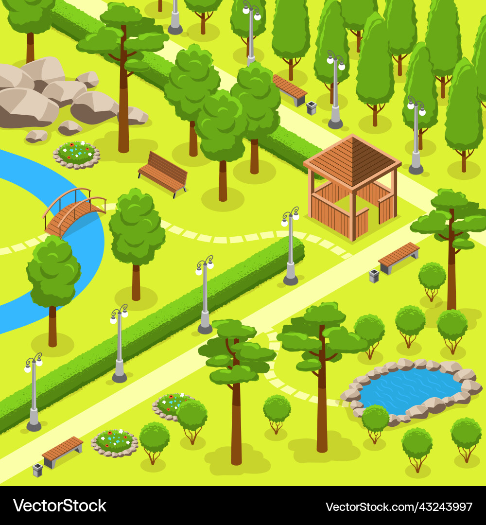 Isometric park landscape composition Royalty Free Vector