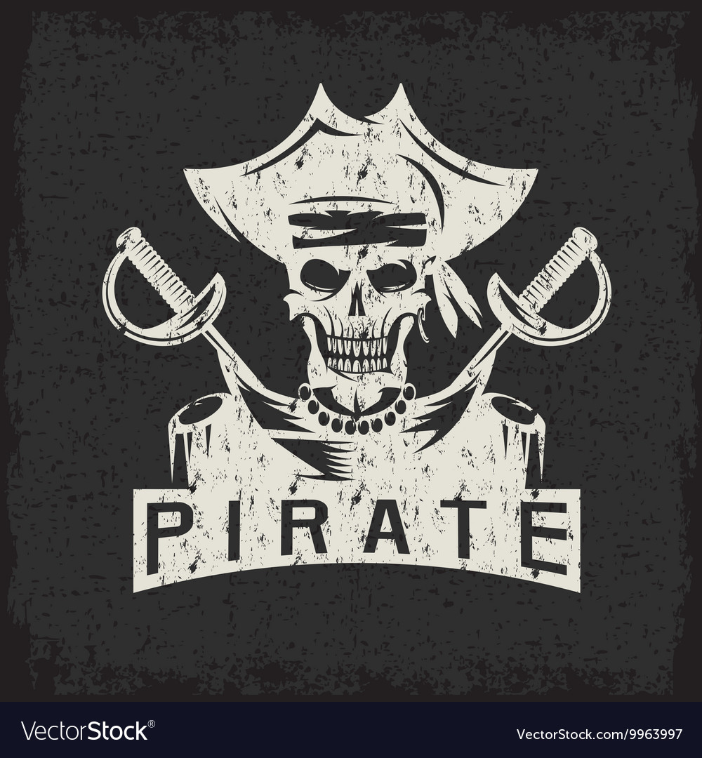 Skull captain pirate in hat with swords grunge