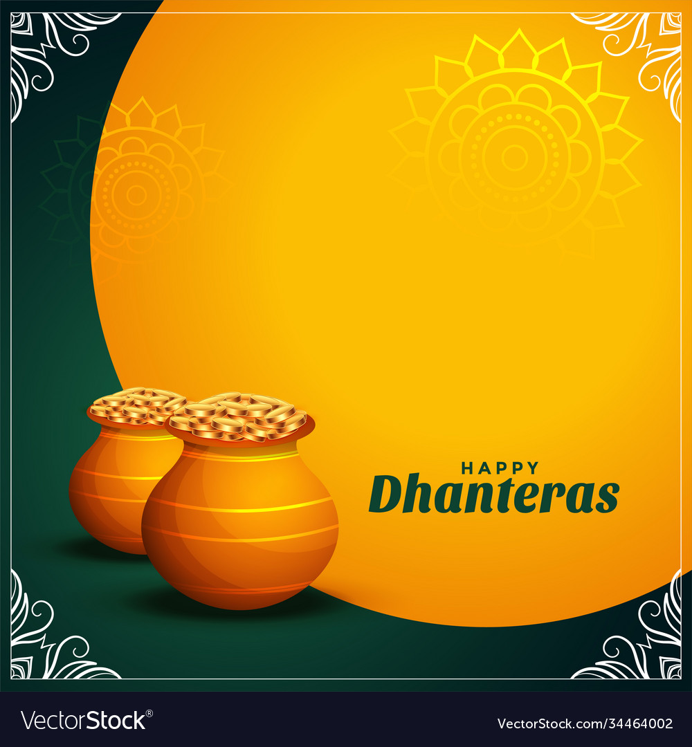 Happy dhanteras wishes card with golden coins pot Vector Image