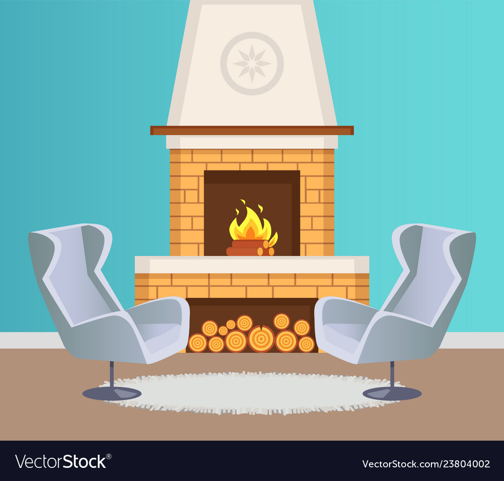 Interior of flat fireplace and armchairs