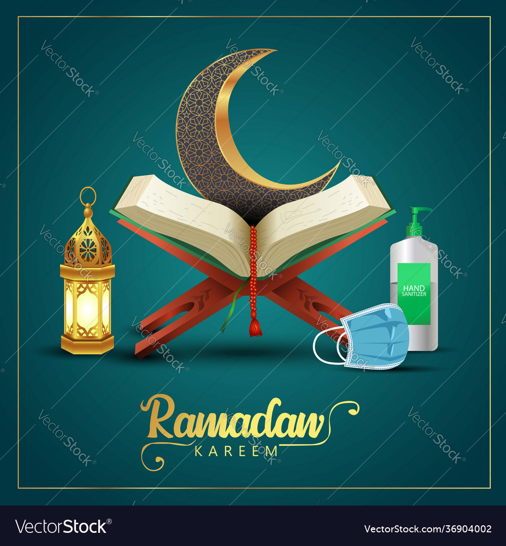 Ramadan kareem greetings with quran and wooden