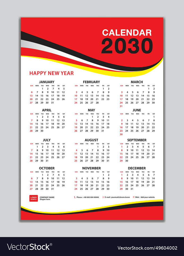 Wall calendar 2030 template design Royalty Free Vector Image