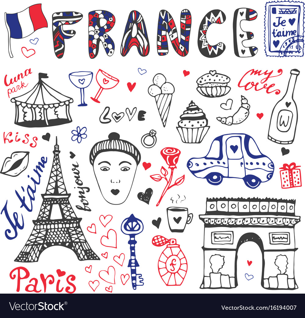 Hand drawn doodles set of france - eiffel tower Vector Image