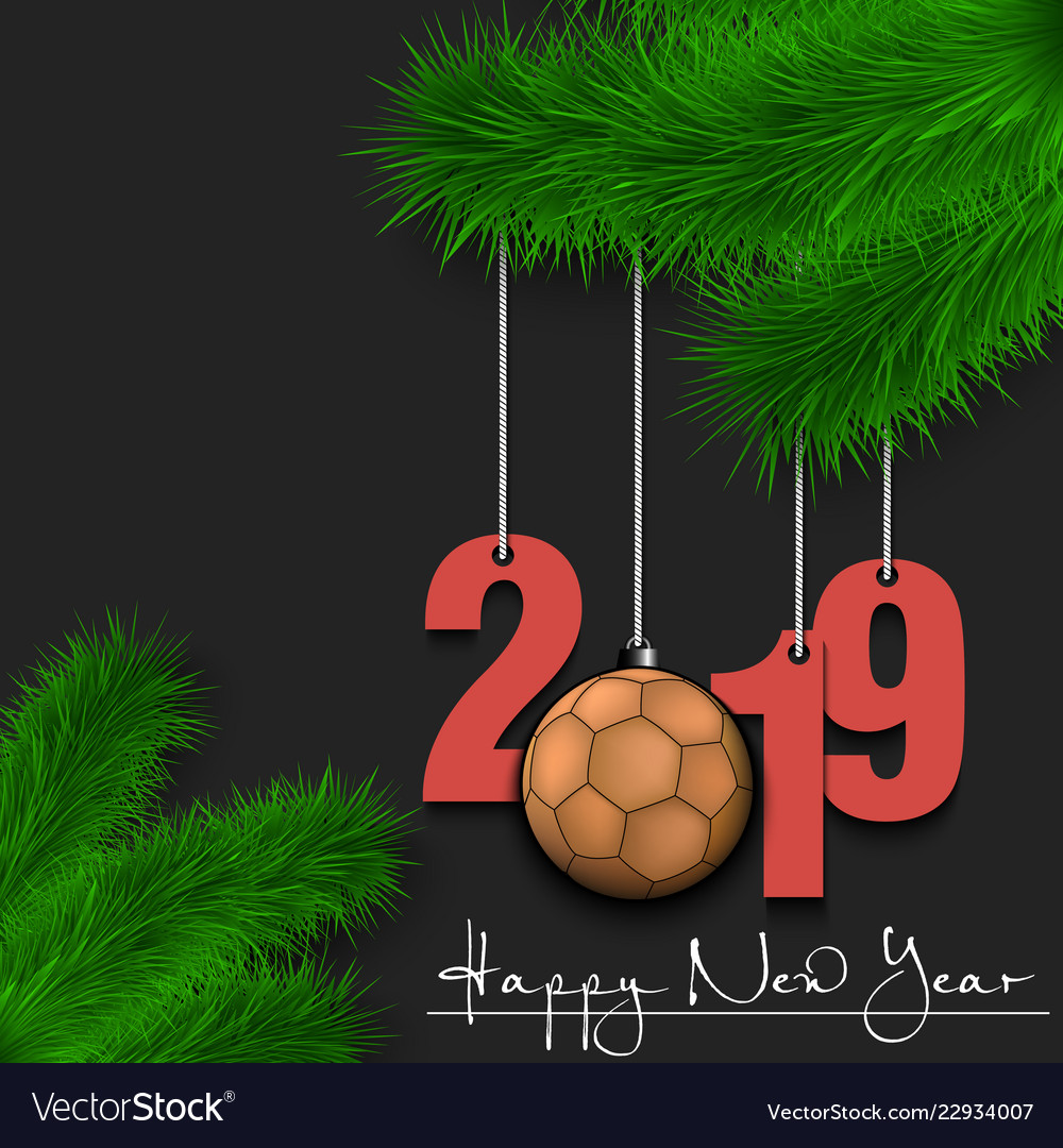 Handballball und 2019 auf einem Weihnachtsbaumzweig