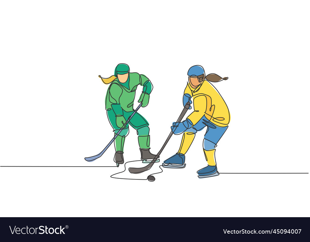 One single line drawing of young two ice hockey