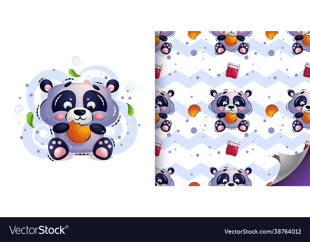 Cute hungry panda bear sits and eats cookies