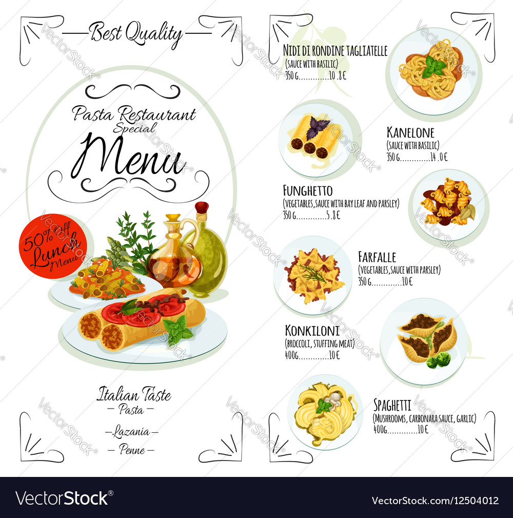 Italian cuisine restaurant pasta menu template Vector Image