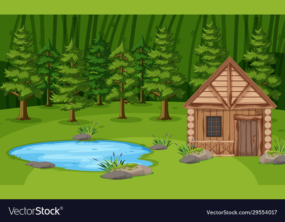 Scene with wooden hut pond in green