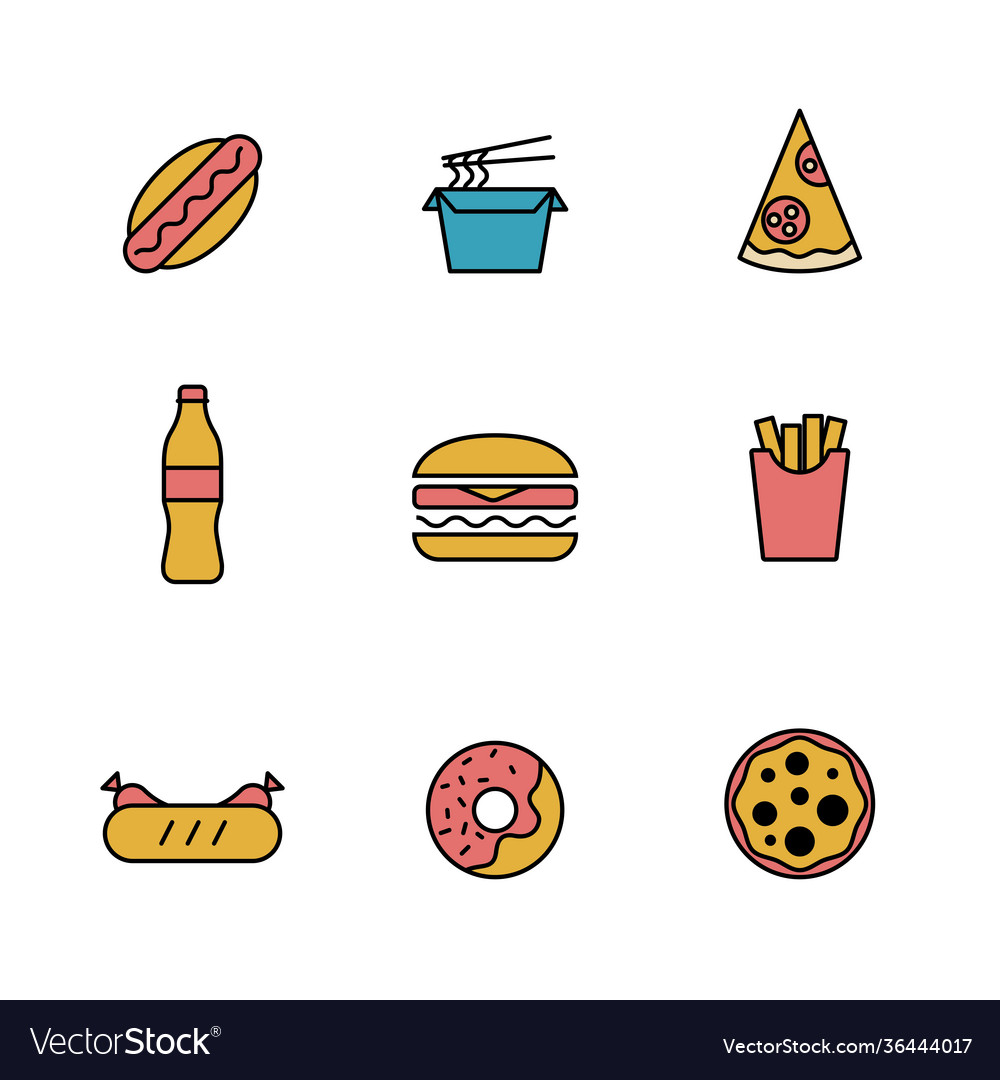Set simple colored delicious sweet food icon vector image Set simple colored delicious sweet food icon