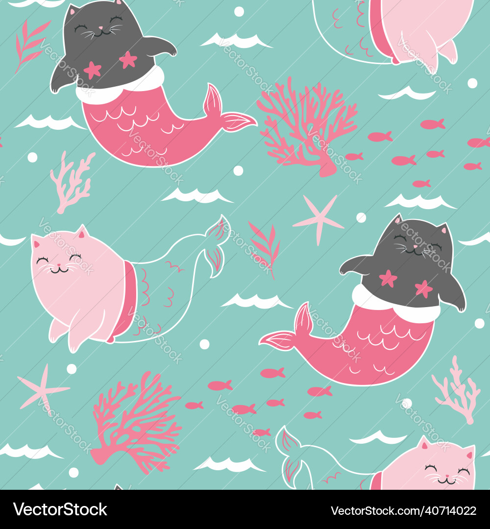 Seamless pattern with cute mermaid cats Royalty Free Vector