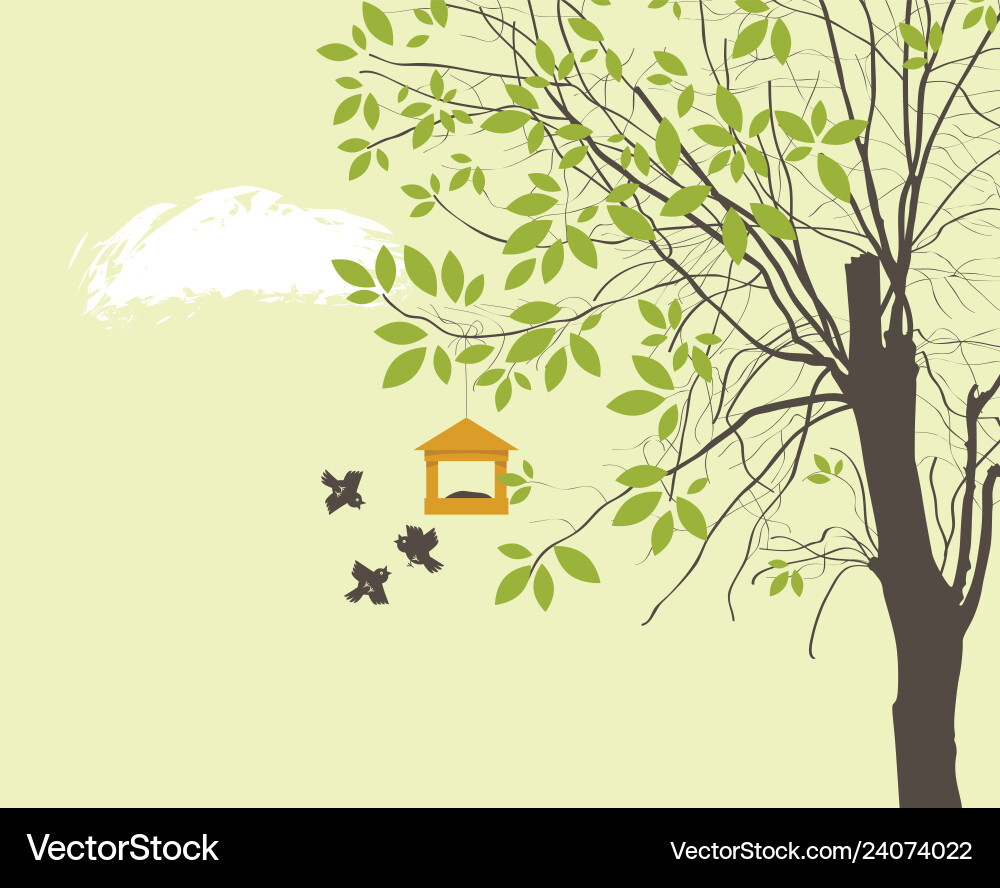 Spring Landscape With Tree Birds And Bird Feeder Vector Image